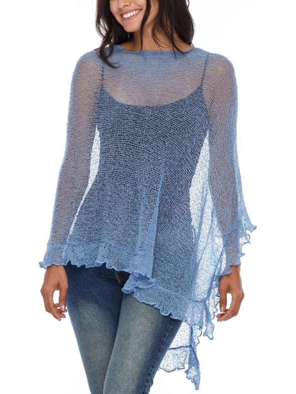 Women’s Baby Blue Sheer Knit Poncho Shrug Lightweight Asymmetrical Ruffle Wraps - Picture 3 of 5